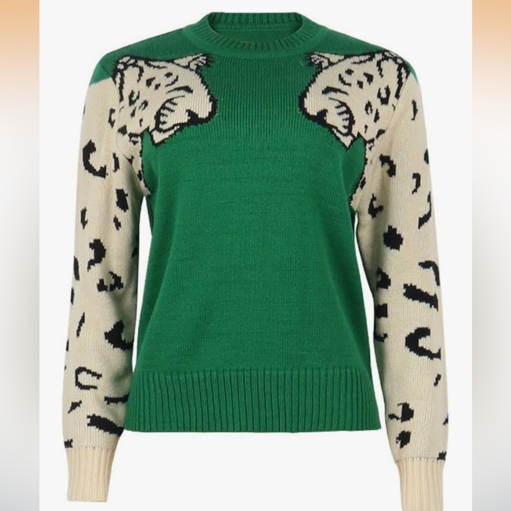 Junboon Leopard Print Knitted Pullover Sweaters Long Sleeve Crew Neck Top M